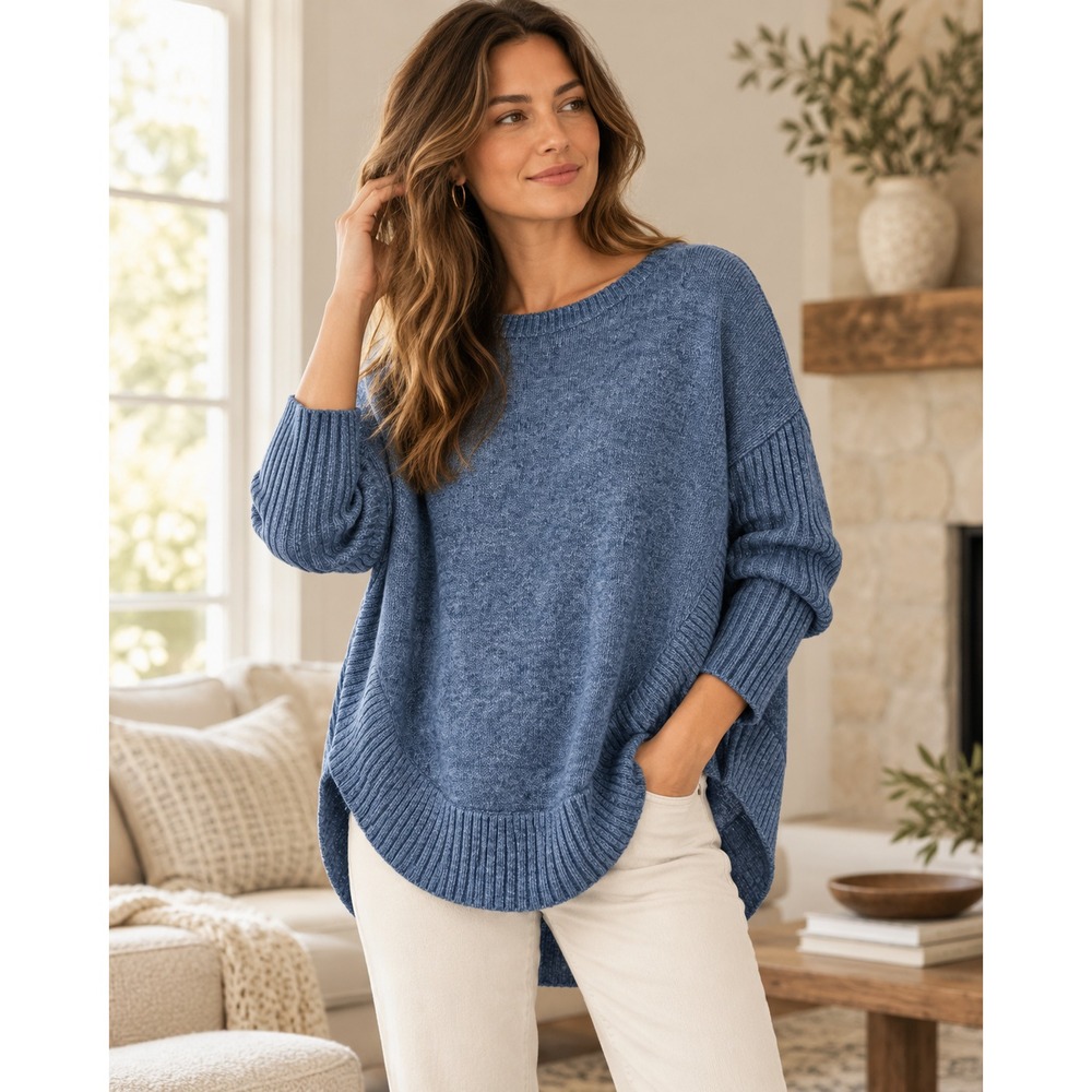 Sundance Blue Marl Knit Dolman Curved Hem Pullover Sweater Ribbed L Oversized